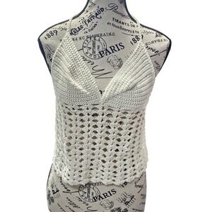 Handmade Crochet Halter Top Cream Boho Open Knit Shell Stitch Festival Tank